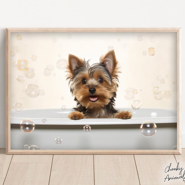 Yorkshire Terrier Pup in the Bathtub, Cute Dog Photograph, Bubble Bath, Funny Animal Prints, Funny Bathroom Wall Art, Printables, AI Art