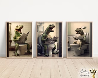 Funny T-Rex Bathroom Print Set: Dino on Toilet Wall Art (Digital Download)