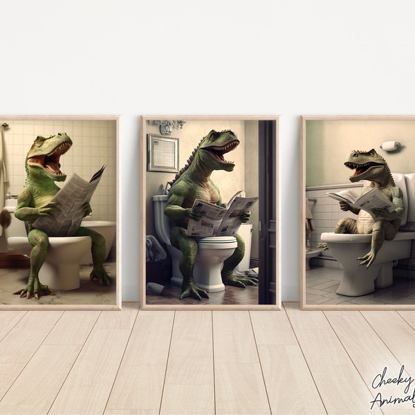 T-Rex Sitting on the Toilet Reading a Newspaper, Bundle of 3, Funny Bathroom Print, Dino Humor, Funny Dinosaur Wall Art, Printables, AI Art