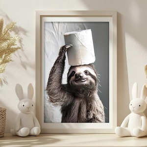 Funny Sloth Bathroom Wall Art, Hilarious Sloth with Toilet Paper on Head, Laundry Room Decor, Quirky Animal Humor Print, Printable AI Art