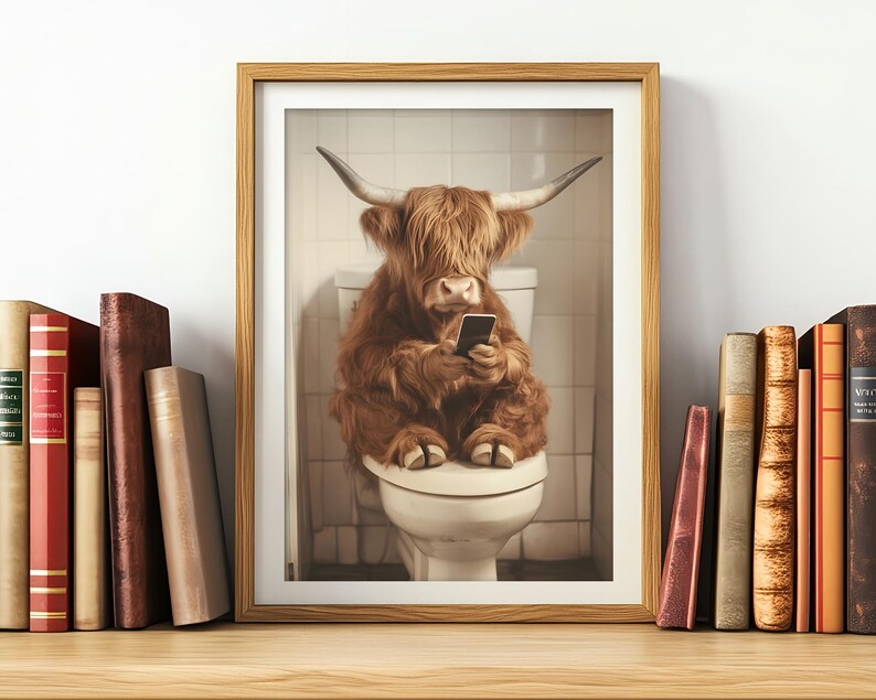 Funny Highland Cow Bathroom Art: Vintage Toilet Humor Print (Digital Download) image 4