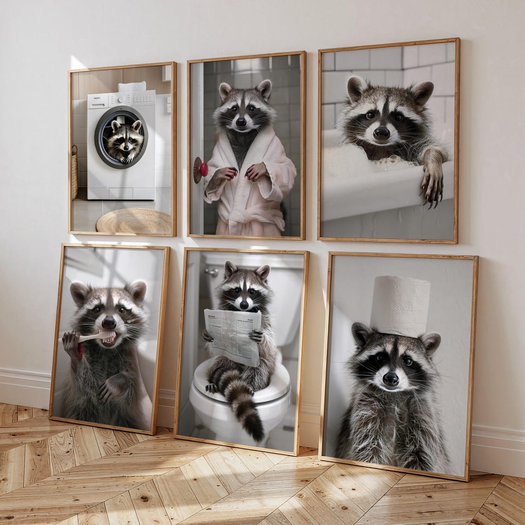 Funny Raccoon Wall Art Bundle: Animals in Bathroom Wall Art Set of 6 ...
