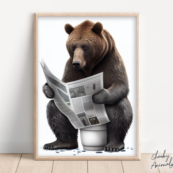 Bear Sitting on the Toilet Reading a Newspaper, Funny Bathroom Humor, Wall Decor, Funny Animal Print, Home Printables, AI Digital Prints