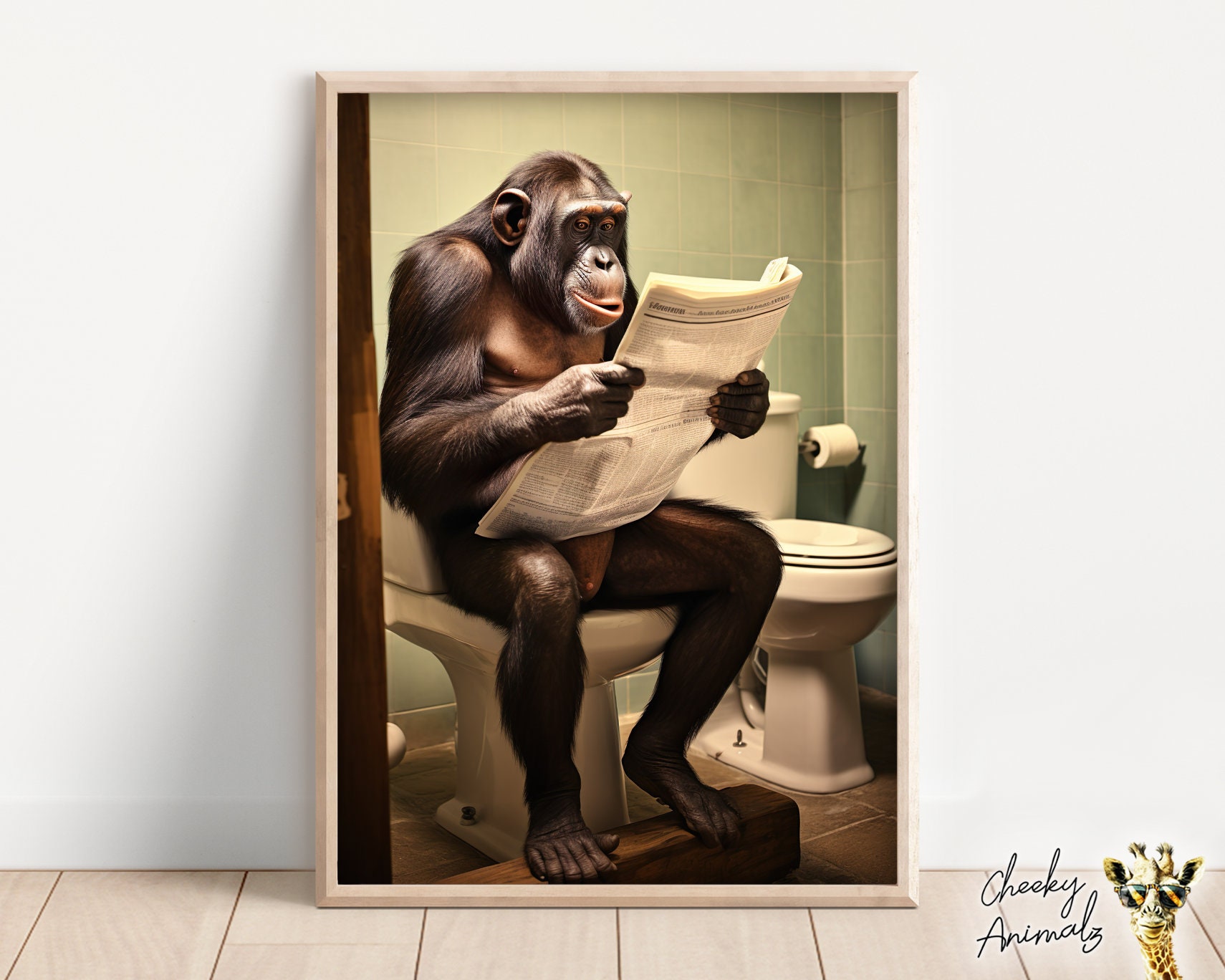 Chimpanzee Sitting on the Toilet Reading a Newspaper, Funny Bathroom Wall Art, Funny Monkey Print, Funny Animal Photo, Printables, AI Art