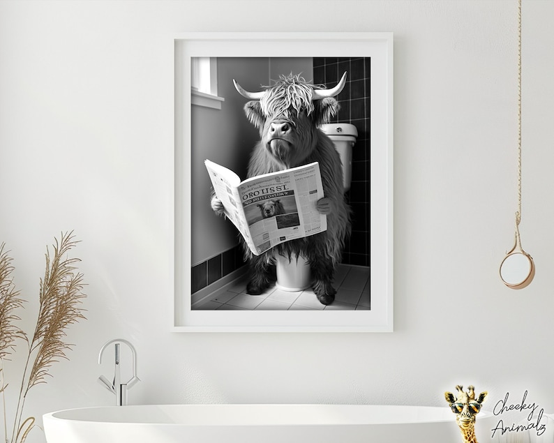 May include: A black and white photograph of a Highland cow sitting on a toilet and reading a newspaper. The newspaper headline reads "ORO USSL".