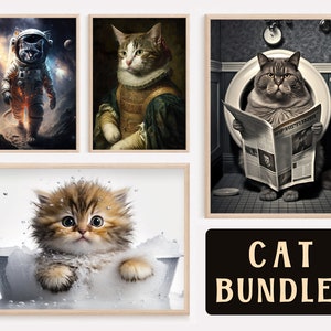 Funny Cat Bundle, Funny Printable Cat Wall Art, Astronaut Cat, Aristocratic Cat, Cat on Toilet, Kitten in Bath, Space Cat, Cat Humor Bundle