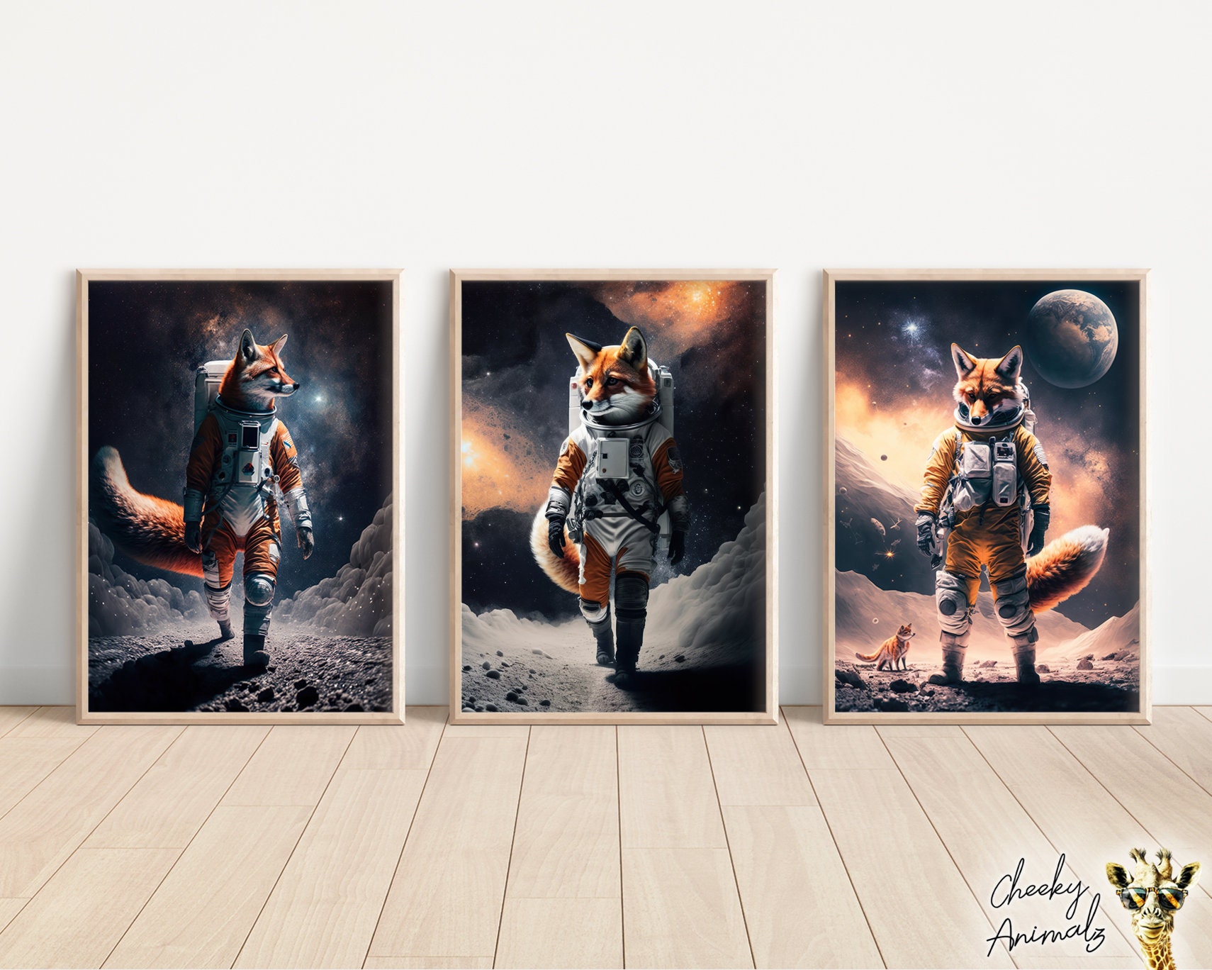 Astronaut Foxes, Bundle of 3, Futuristic Animal Wall Art, Fox in Spacesuit, Funny Fox Art, Quirky Animal Humor, Printables, AI Created
