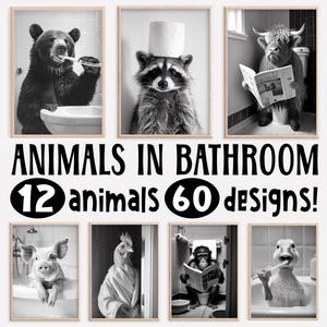 Arte murale divertente per il bagno, confezione da 60, stampa fotografica di animali in stile vintage, animali sul water, animali nella vasca e in accappatoio, arte AI stampabile