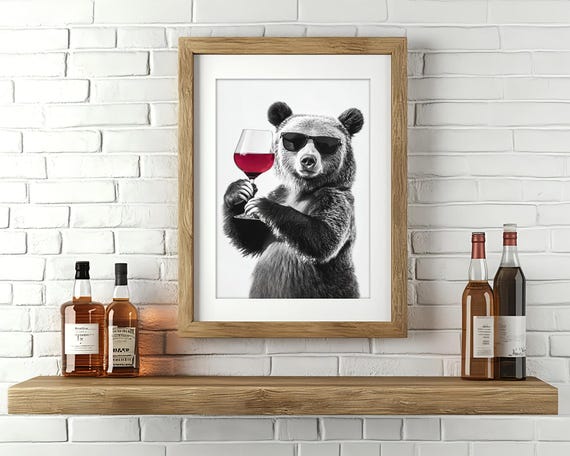 Funny Bear Drinking Wine Art Print: Home Bar Decor (digital