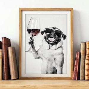 Konsttryck med mops som dricker vin: Rolig köksdekor (digital nedladdning)