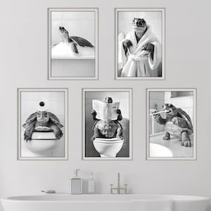 Turtle Wall Art Bundle of 5, Funny Bathroom Decor, Cute Animal Prints, Turtle on Toilet, in Bath, Bathrobe, Brushing Teeth, Printable AI Art