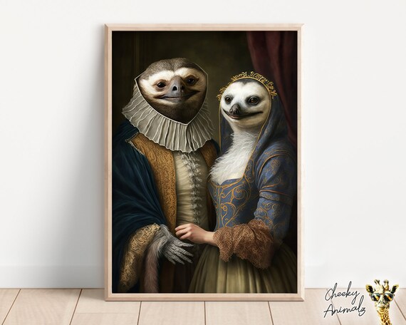 ナマケモノのカップルのルネッサンス肖像画：面白い動物のアート