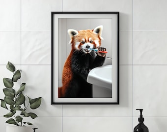 Red Panda Sitting on Toilet Reading Newspaper, Funny Bathroom Wall