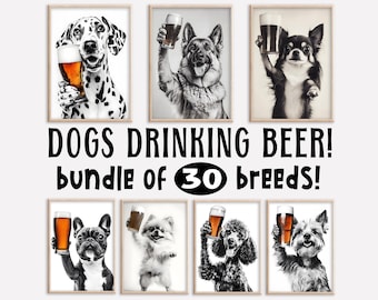 Funny Dogs Drinking Beer Print Set: Home Bar Art (Bundle of 30) (Digital Download)