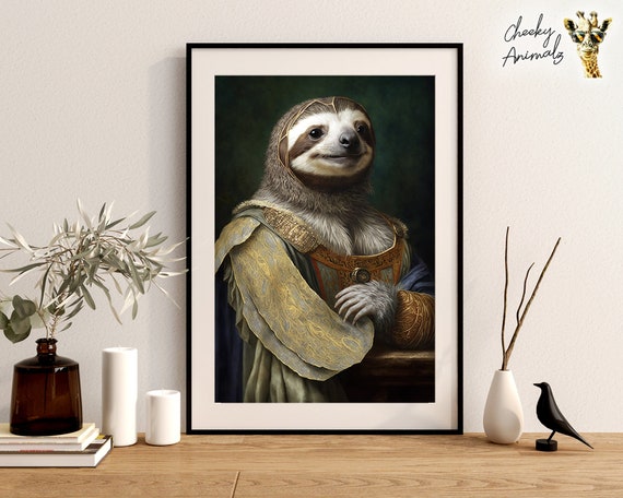 貴族のナマケモノのルネサンス肖像画：愉快な動物アート（デジタル