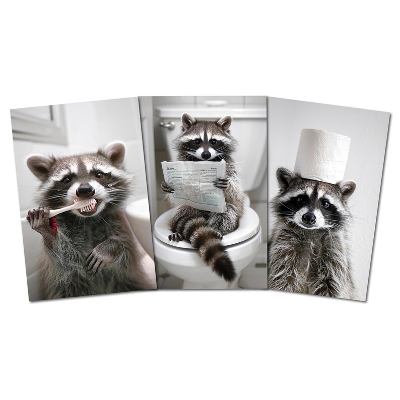 Funny Raccoon Bathroom Prints: Animal Humor Wall Art (set of 5 Digital ...