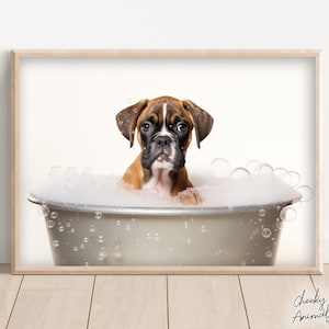 Boxer Dog Pup in the Bathtub, Cute Dog Photograph, Boxer Dog in Bubble Bath, Funny Animal Print, Funny Bathroom Wall Art, Printables, AI Art