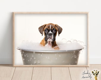 Boxer Dog Pup in the Bathtub, Cute Dog Photograph, Boxer Dog in Bubble Bath, Funny Animal Print, Funny Bathroom Wall Art, Printables, AI Art