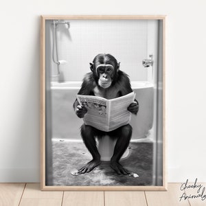 Monkey Sitting on the Toilet Reading a Newspaper, Funny Bathroom Wall Decor, Funny & Quirky Animal Print, Home Printables, AI Digital Art