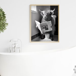 Highland Cow Sitting on the Toilet Reading a Newspaper, Funny Bathroom Wall Decor, Funny Animal Print, Home Printables, AI Digital Art image 2