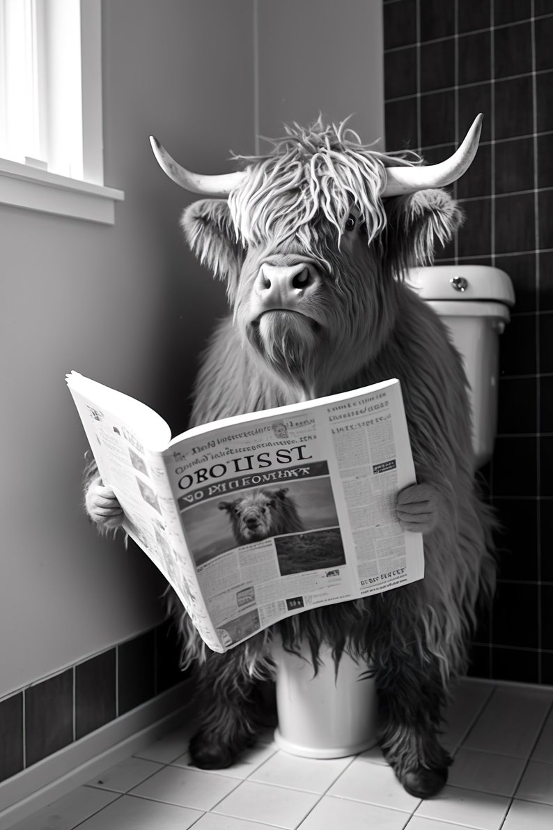 Highland Cow Sitting on the Toilet Reading a Newspaper, Funny Bathroom Wall Decor, Funny Animal Print, Home Printables, AI Digital Art image 4