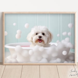 Maltese Dog Pup in the Bathtub, Cute Dog Photograph, Maltese in Bubble Bath, Funny Animal Print, Funny Bathroom Wall Art, Printables, AI Art
