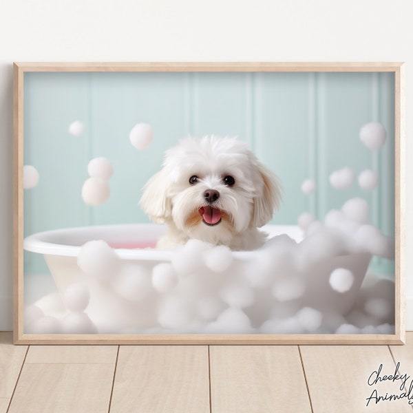 Maltese Dog Pup in the Bathtub, Cute Dog Photograph, Maltese in Bubble Bath, Funny Animal Print, Funny Bathroom Wall Art, Printables, AI Art
