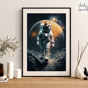 May include: A tabby cat wearing a white astronaut suit walks on a rocky surface in space. A large orange planet is visible in the background. The text "Cheeky Animals" is in the top right corner of the image.