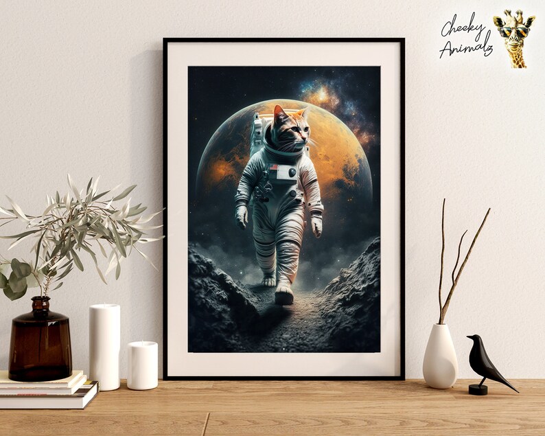 May include: A tabby cat wearing a white astronaut suit walks on a rocky surface in space. A large orange planet is visible in the background. The text "Cheeky Animals" is in the top right corner of the image.