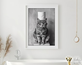 Funny Cat Bathroom Print: Toilet Paper Hat, Vintage Animal Photo