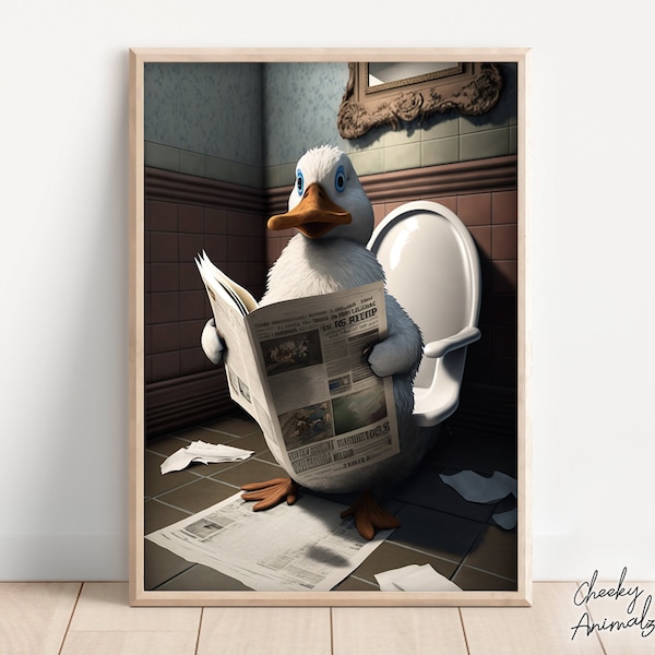 Duck Sitting on the Toilet Reading a Newspaper, Funny Bathroom Humor, Wall Decor, Funny Animal Print, Home Printables, AI Digital Prints