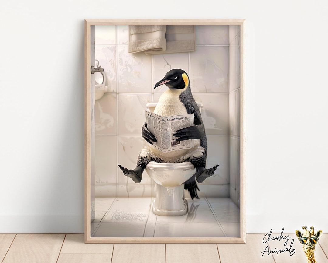 Penguin on Toilet Print: Funny Bathroom Humor, Animal Wall Art (digital ...