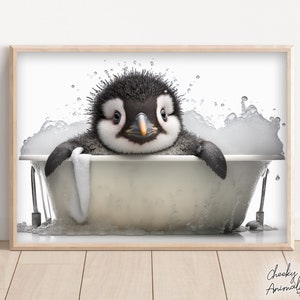 Cute Baby Penguin in the Bathtub, Funny Animal Wall Art, Bathroom Wall Print, Penguin Photograph, Printable Home Decor, AI Digital Prints
