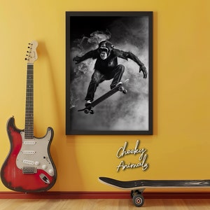 Monkey Skateboarding, Funny Animal Wall Art, Monkey on Skateboard, Funny Monkey Photo, Funny Animal Photography, Home Printables, AI Art