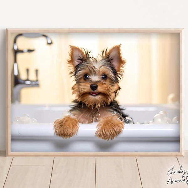 Yorkshire Terrier Pup in the Bathtub, Cute Dog Photograph, Bubble Bath, Funny Animal Prints, Funny Bathroom Wall Art, Printables, AI Art