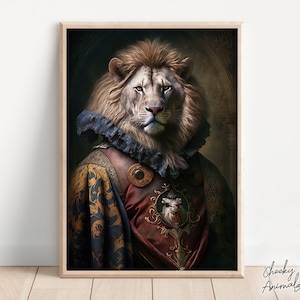 Lion aristocratique, décoration murale animal rigolote, tableau Renaissance, portrait de lion, art animalier original, décoration d'intérieur, produits à imprimer, art numérique IA