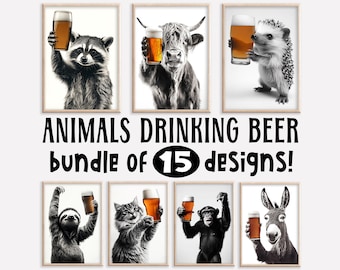 Funny Animals Drinking Beer Print Set: Home Bar Decor (Digital Download)