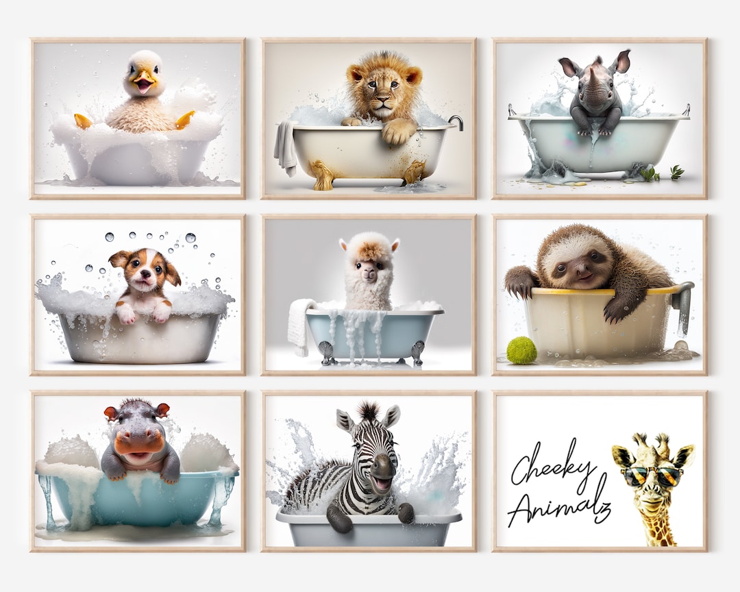Cute Baby Animals in Bathtub, Bundle of 8, Funny Animal Prints