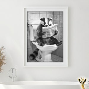 Das zittend op het toilet een krant lezen, grappige badkamer muurkunst, grappige vintage stijl dierenfoto, dierenprint, afdrukbare AI-kunst