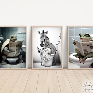 Animals Sitting on the Toilet Reading a Newspaper, Bundle of 3, Funny Bathroom Wall Decor, Tortoise Turtle, Zebra, Frog, Printables, AI Art