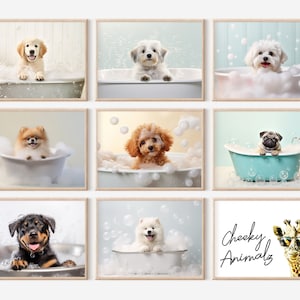 Dog Pups in Bathtub, Bundle of 8, Funny Bathroom Wall Art, Baby Dogs in Bubble Bath, Funny Dog Print, Cute Dog Pup Photo, Printables, AI Art
