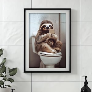 Sloth Sitting on the Toilet Watching Phone, Funny Bathroom Wall Art Decor, Vintage Style Animal Photo, Quirky Toilet Humor, Printable AI Art