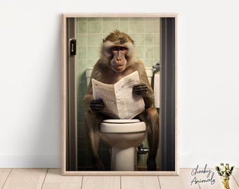 Funny Baboon Bathroom Print: Ape on Toilet Reading (Digital Download)