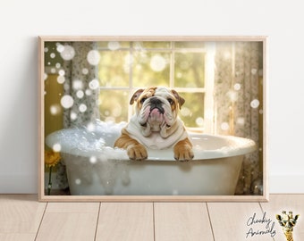 Bulldog Pup in the Bathtub, Cute Dog Photograph, Bulldog in Bubble Bath, Funny Animal Prints, Funny Bathroom Wall Art, Printables, AI Art