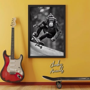 Monkey Skateboarding, Funny Animal Wall Art, Monkey on Skateboard, Funny Monkey Photo, Funny Animal Photography, Home Printables, AI Art
