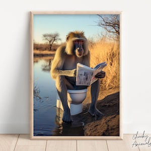 Mandrill Monkey Sitting on the Toilet Reading a Newspaper, Funny Bathroom Wall Art, Funny Monkey Print, Animal Photos, Printables, AI Art