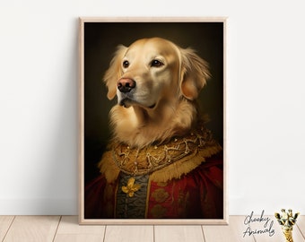 Aristocratic Golden Retriever, Funny Dog Wall Art, Renaissance Portrait, Funny Dog Print, Quirky Animal Art, Home Printables, AI Digital Art