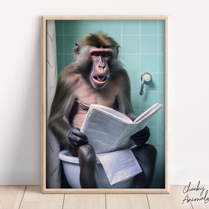 Mandrill Monkey Sitting on the Toilet Reading a Newspaper, Funny Bathroom Wall Art, Funny Monkey Print, Animal Photos, Printables, AI Art