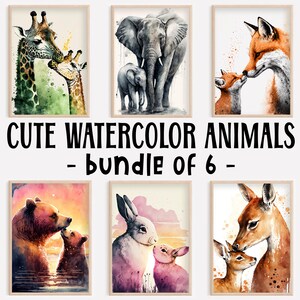 Cute Animal Print Bundle, Mommy and Me, Watercolor Animals, Mom and Baby Gift, Nursery Room Wall Art, Kids Bedroom Decor, Printable AI Art