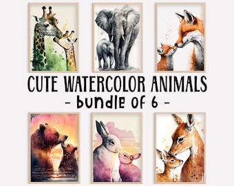 Cute Animal Print Bundle, Mommy and Me, Watercolor Animals, Mom and Baby Gift, Nursery Room Wall Art, Kids Bedroom Decor, Printable AI Art